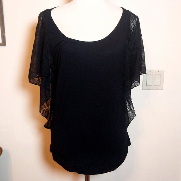 CAROLE LITTLE SIZE L BLACK SCOOP NECK LACE CASCADE SLEEVE TOP - Picture 1 of 10